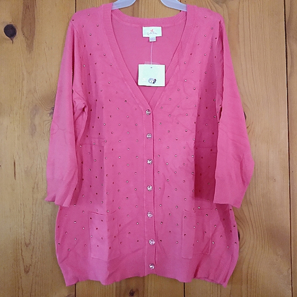 Quacker Factory 3/4 Sleeve Rhinestone Knit Button Down Cardigan Sweater